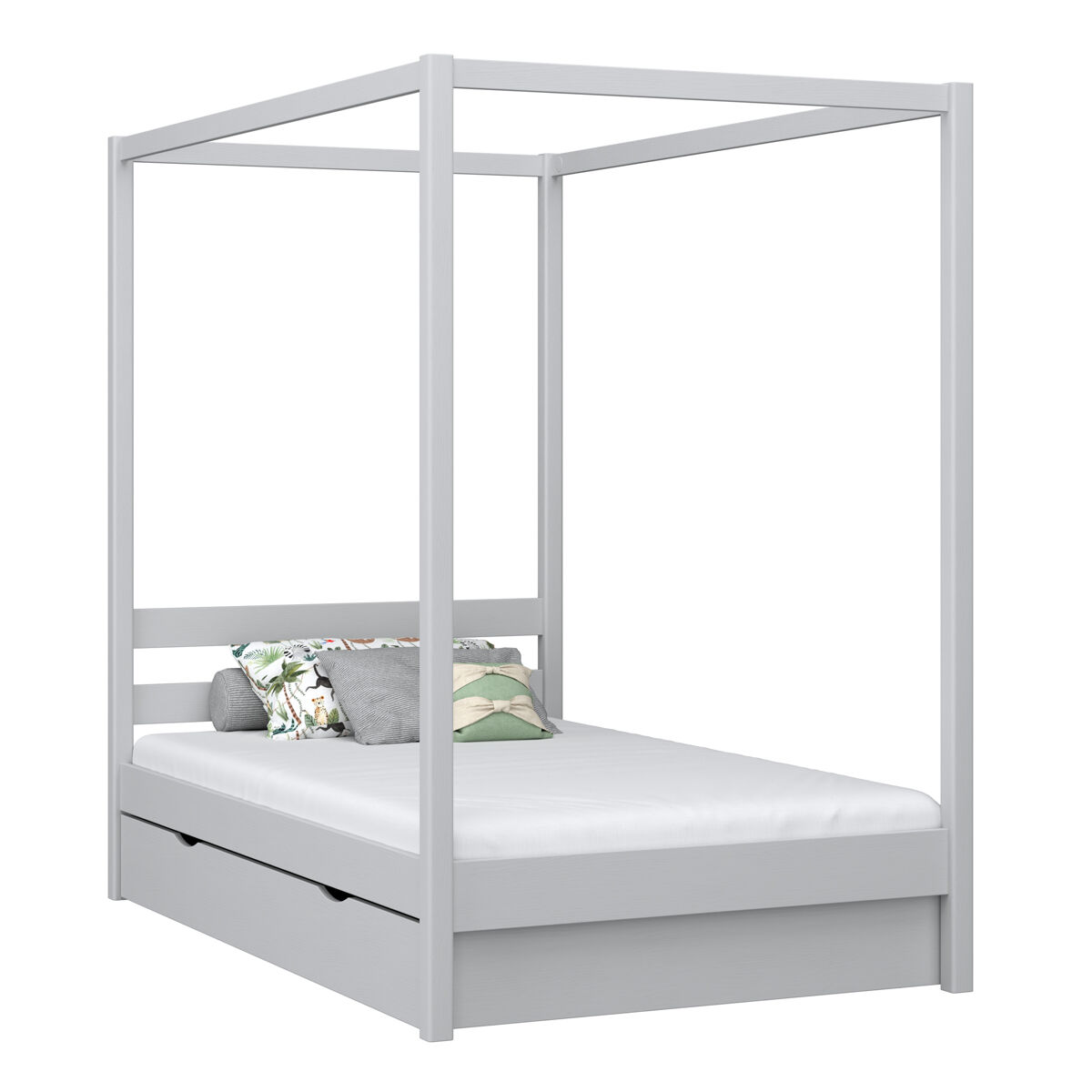 Cama individual de madeira com dossel e gaveta n01 cinza