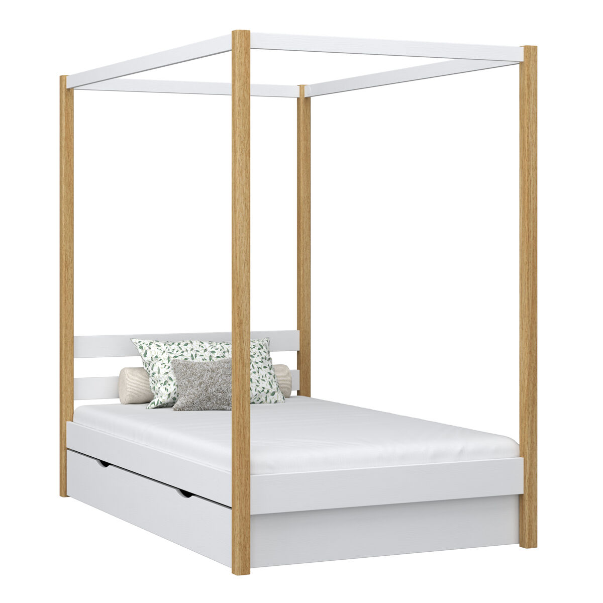 Cama individual de madeira com dossel e gaveta n01 branco e carvalho