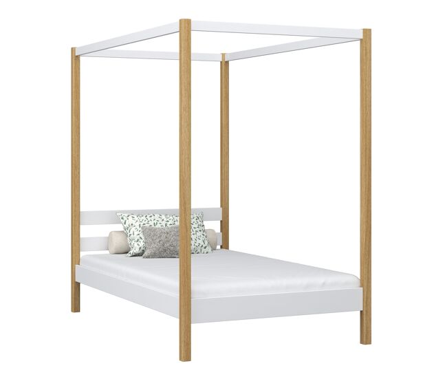 Cama individual de madeira com dossel n01 branco e carvalho