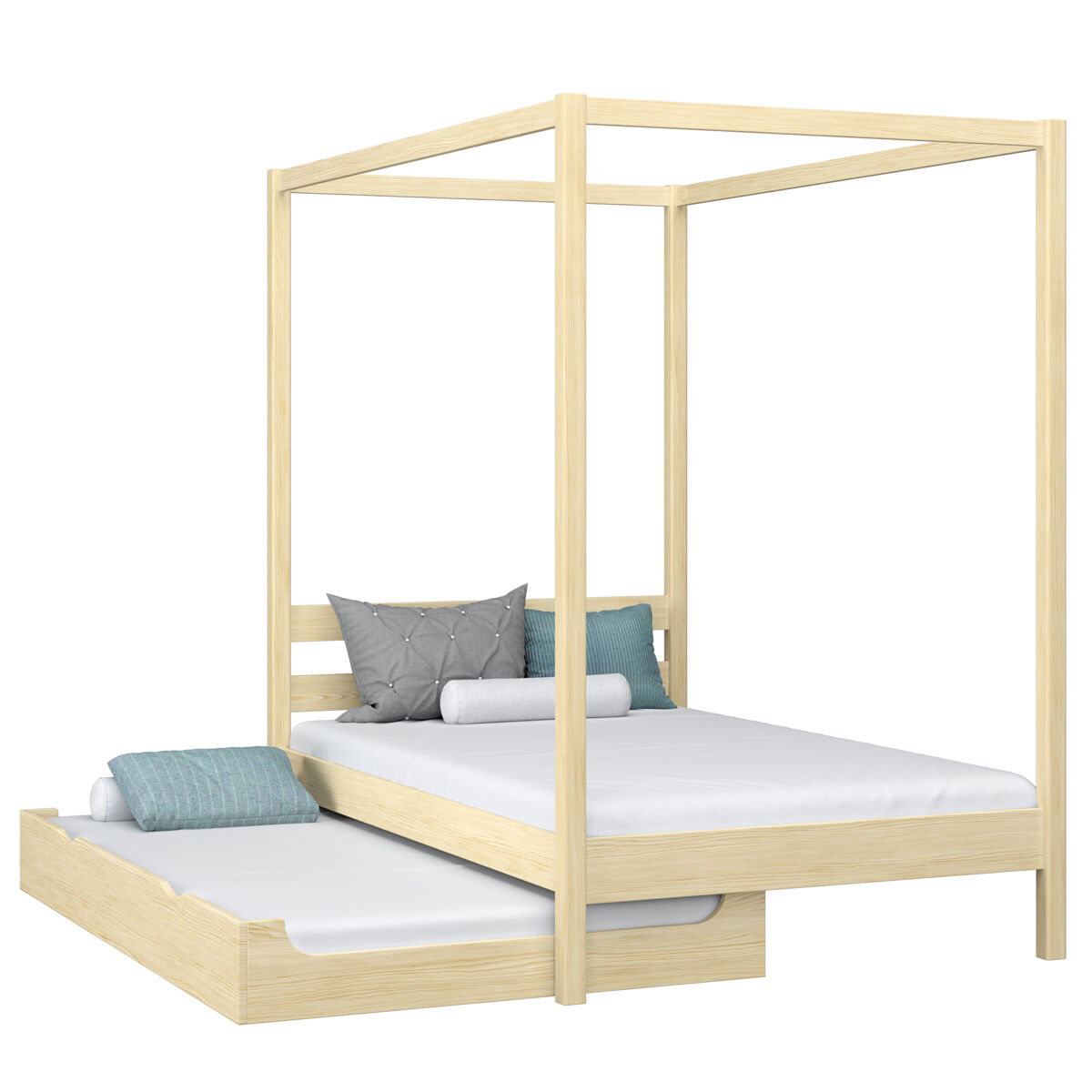 Cama individual de madeira com dossel e gaveta para colchão extra n01 pinho incolor