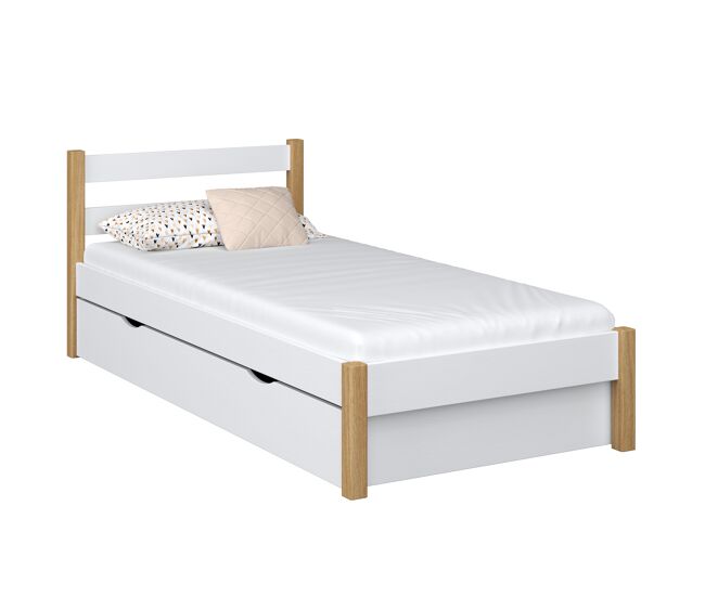 Cama individual de madeira com gaveta n01 branco e carvalho