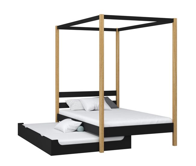 Cama individual de madeira com dossel e gaveta para colchão extra n01 preto e carvalho