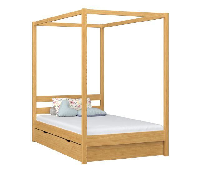 Cama individual de madeira com dossel e gaveta n01 pinho natural