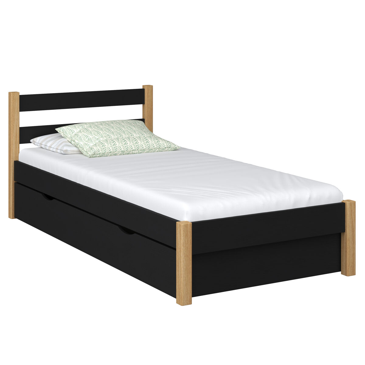 Cama individual de madeira com gaveta n01 preto e carvalho