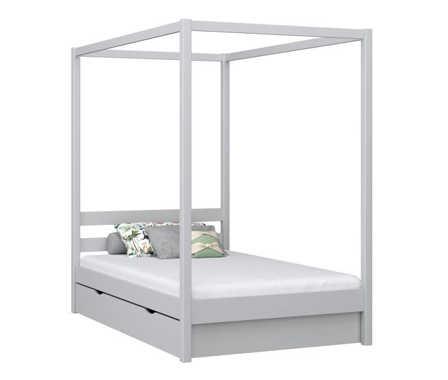 Cama individual de madeira com dossel e gaveta n01 cinza