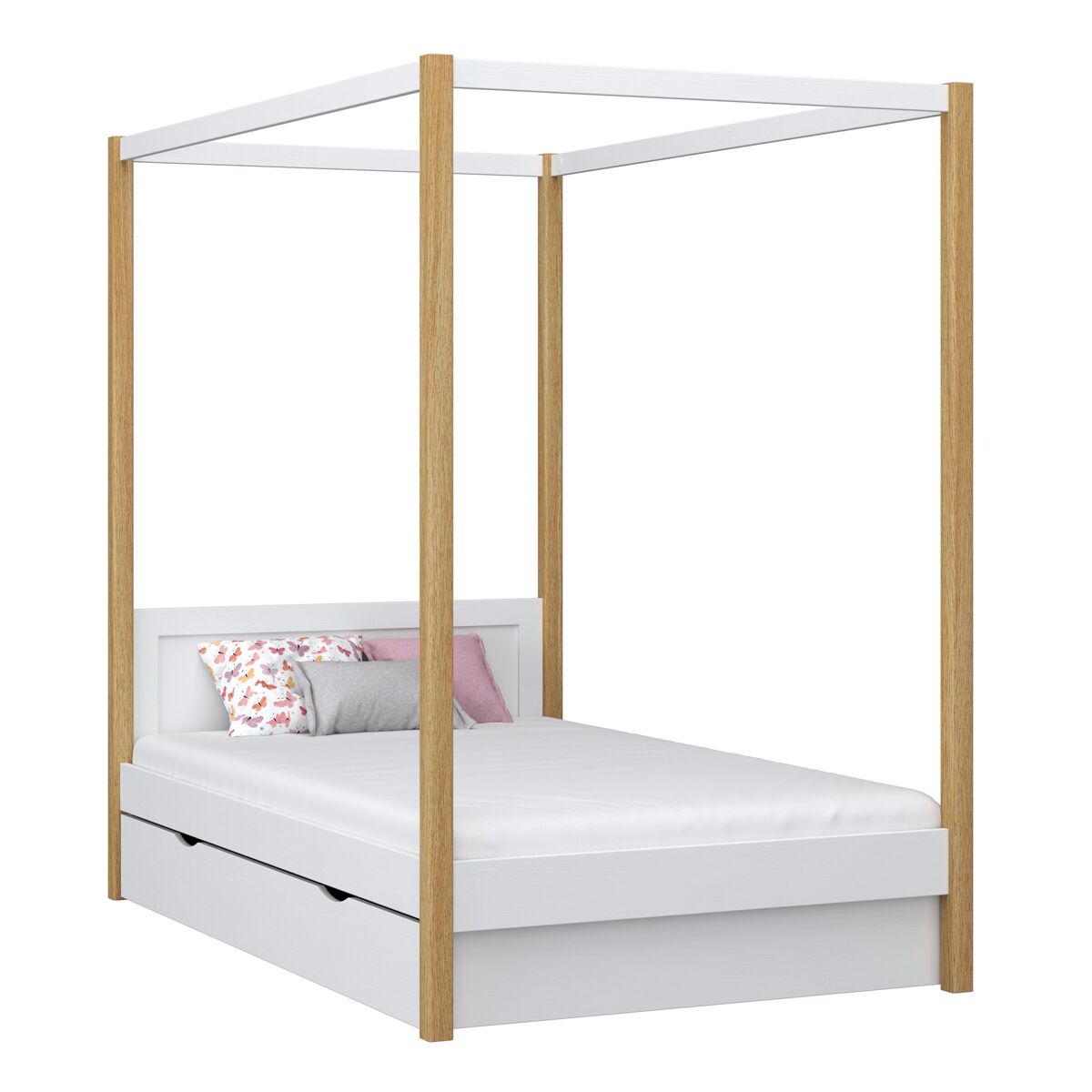 Cama individual de madeira com dossel e gaveta n02 branco e carvalho