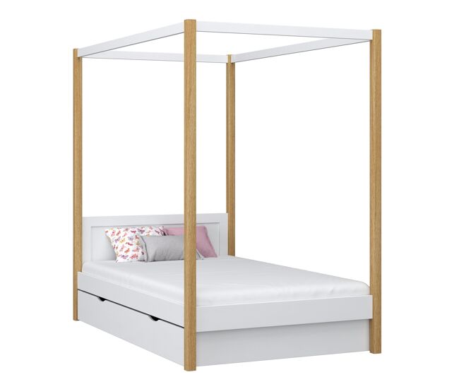 Cama individual de madeira com dossel e gaveta n02 branco e carvalho