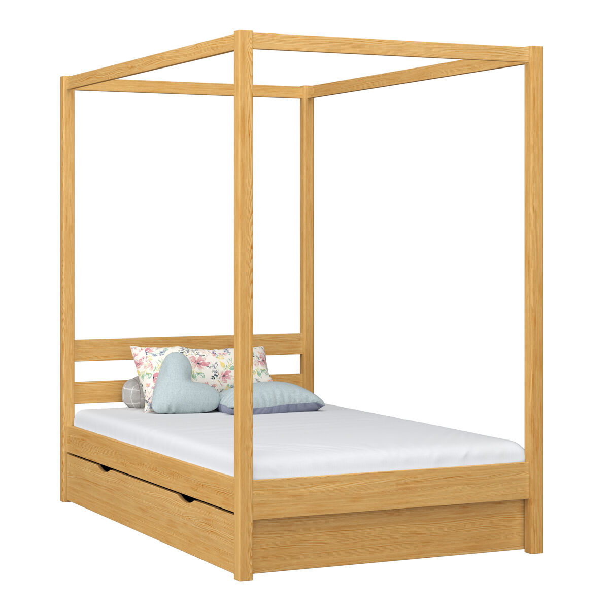 Cama individual de madeira com dossel e gaveta n01 pinho natural