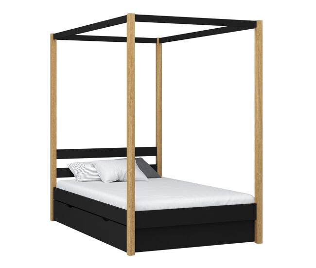 Cama individual de madeira com dossel e gaveta n01 preto e carvalho