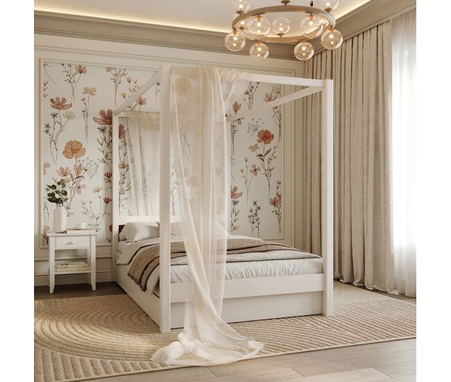 Cama individual de madeira com dossel e gaveta n01 branco
