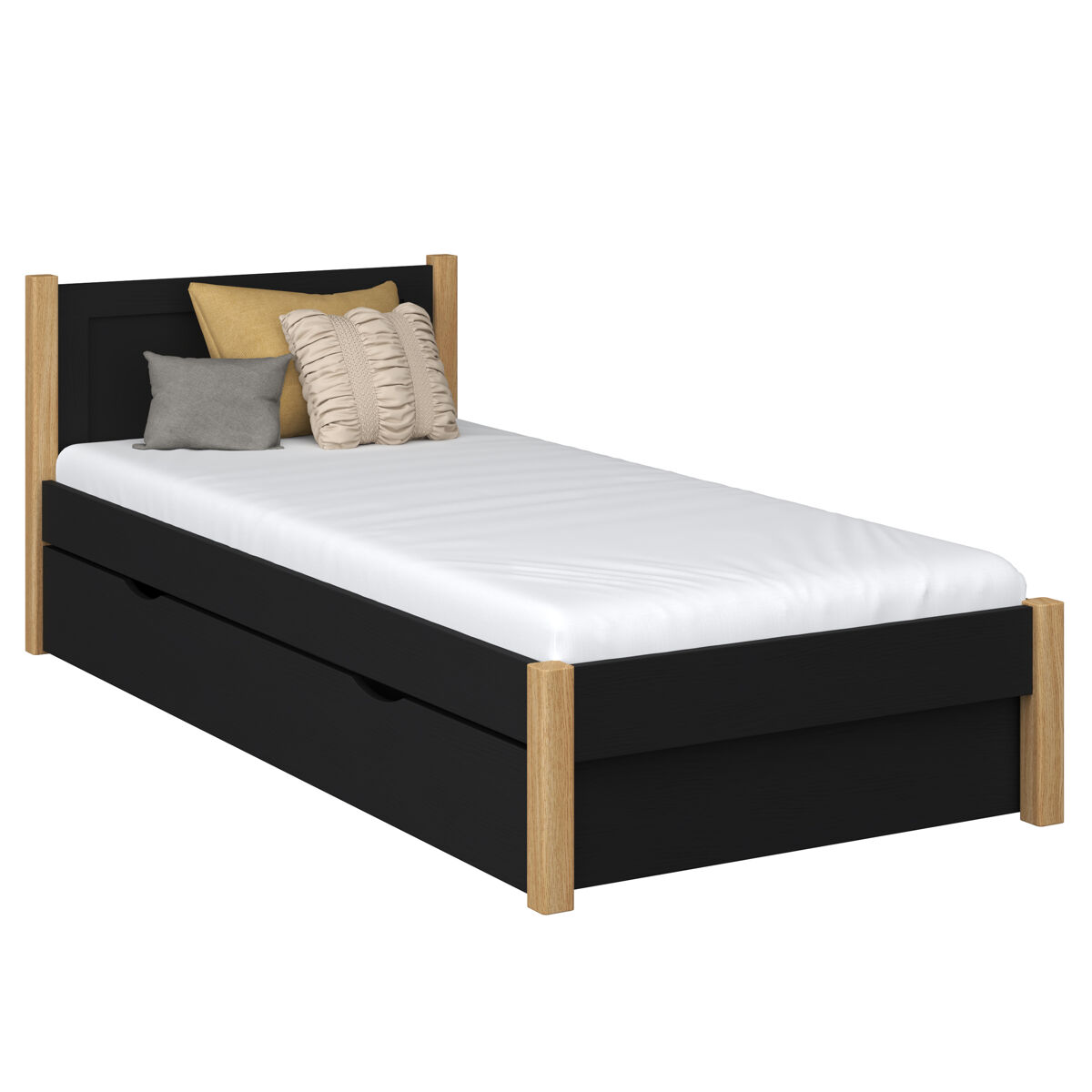 Cama individual de madeira com gaveta n02 preto e carvalho