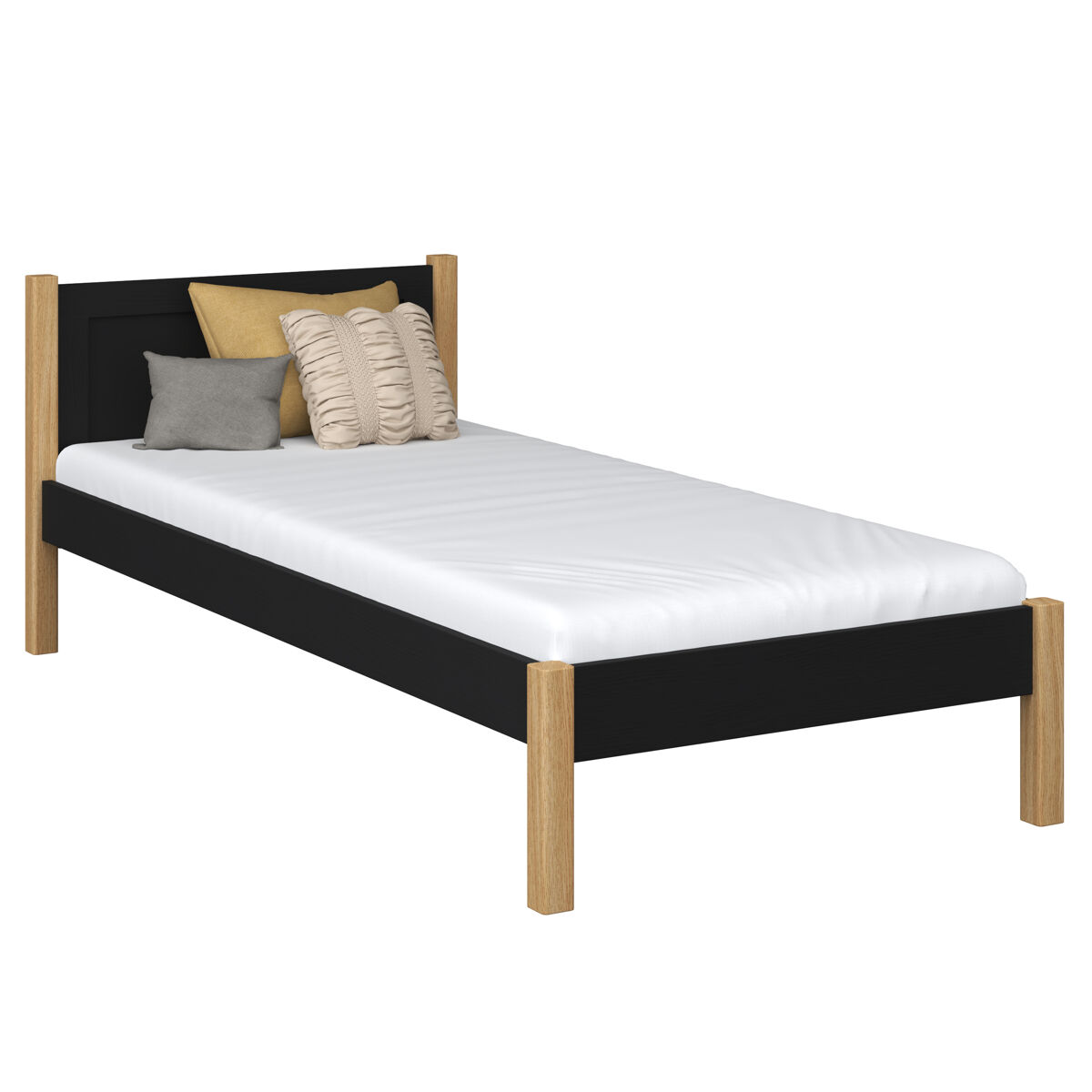 Cama individual de madeira n02 preto e carvalho