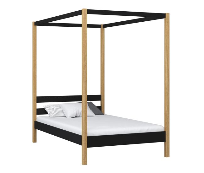 Cama individual de madeira com dossel n01 preto e carvalho