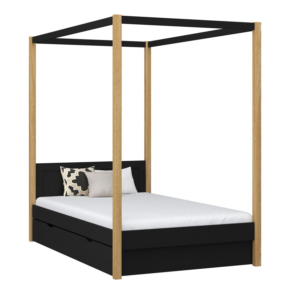 Cama individual de madeira com dossel e gaveta N02 80x190