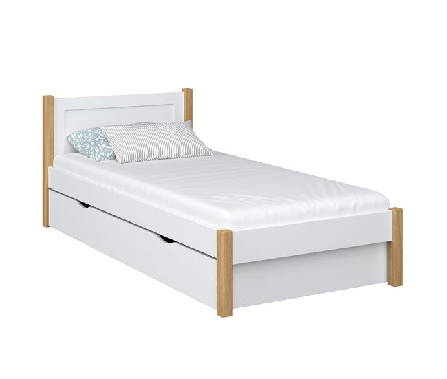 Cama individual de madeira com gaveta n02 branco e carvalho