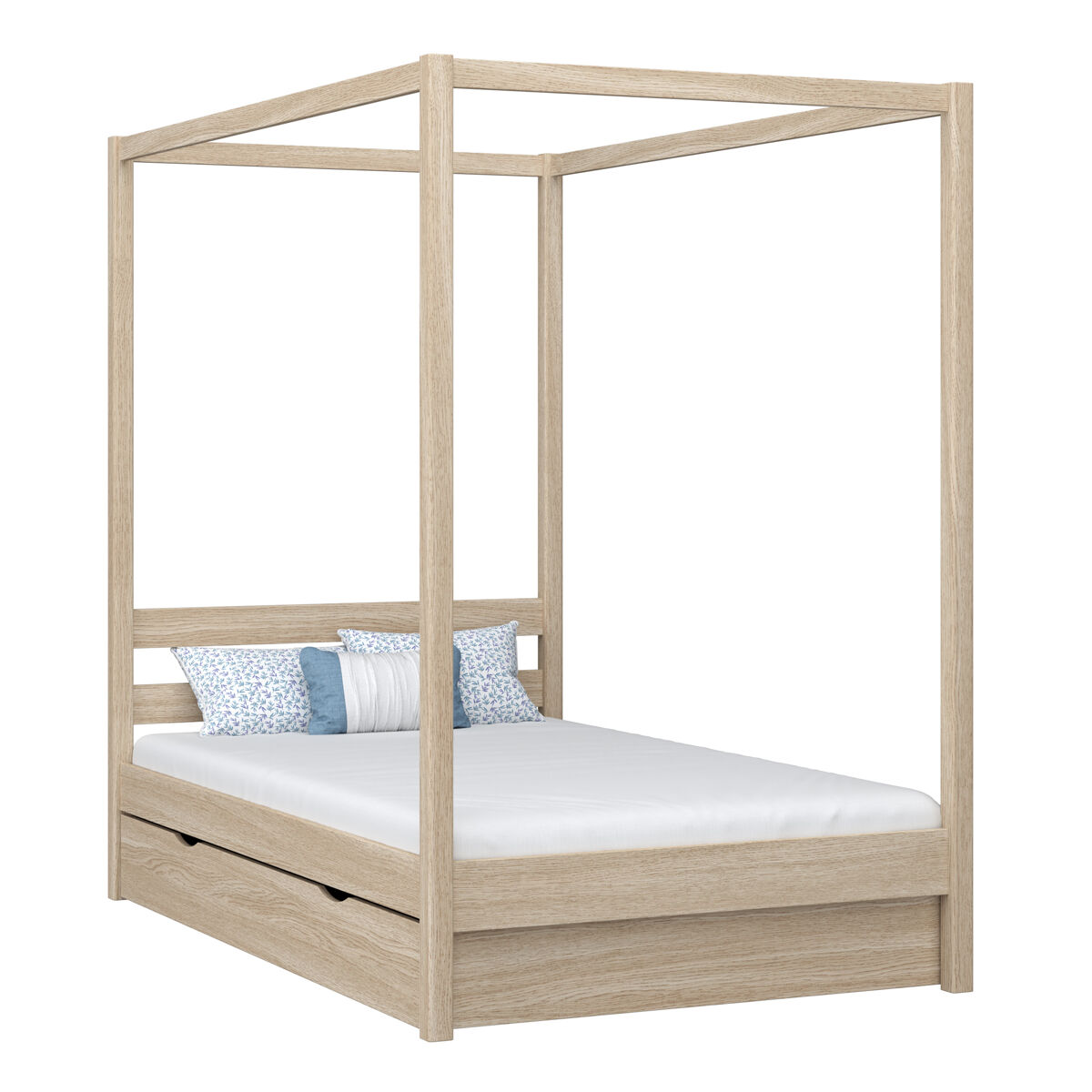 Cama individual de carvalho com dossel e gaveta n01 carvalho branqueado