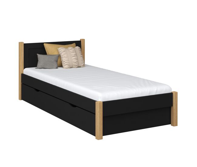 Cama individual de madeira com gaveta n02 preto e carvalho