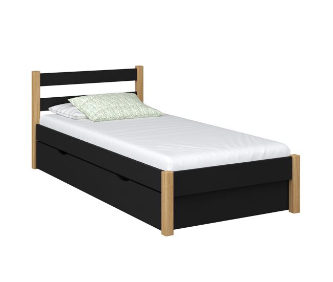 Cama individual de madeira com gaveta n01 preto e carvalho