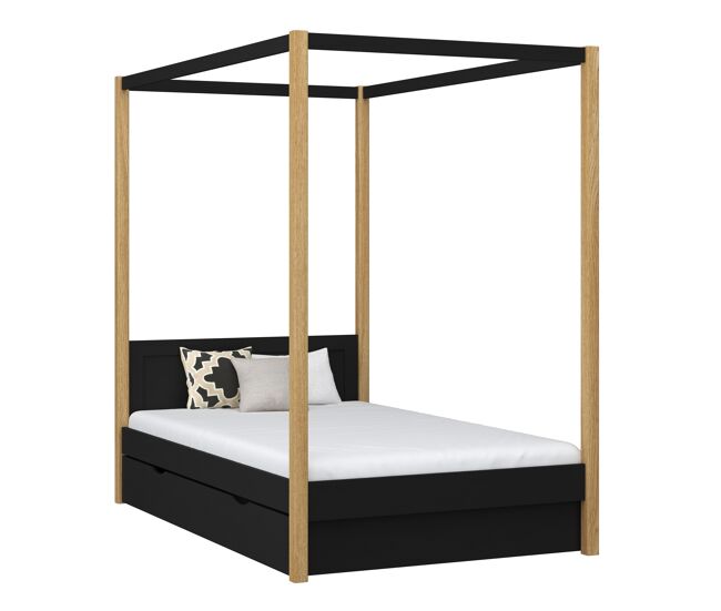 Cama individual de madeira com dossel e gaveta n02 preto e carvalho