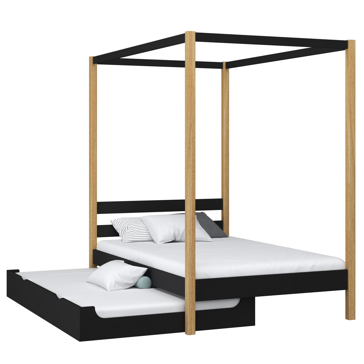 Cama individual de madeira com dossel e gaveta para colchão extra n01 preto e carvalho