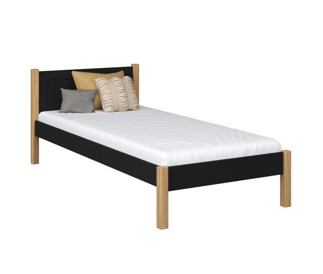 Cama individual de madeira n02 preto e carvalho
