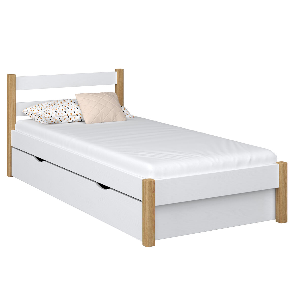 Cama individual de madeira com gaveta n01 branco e carvalho