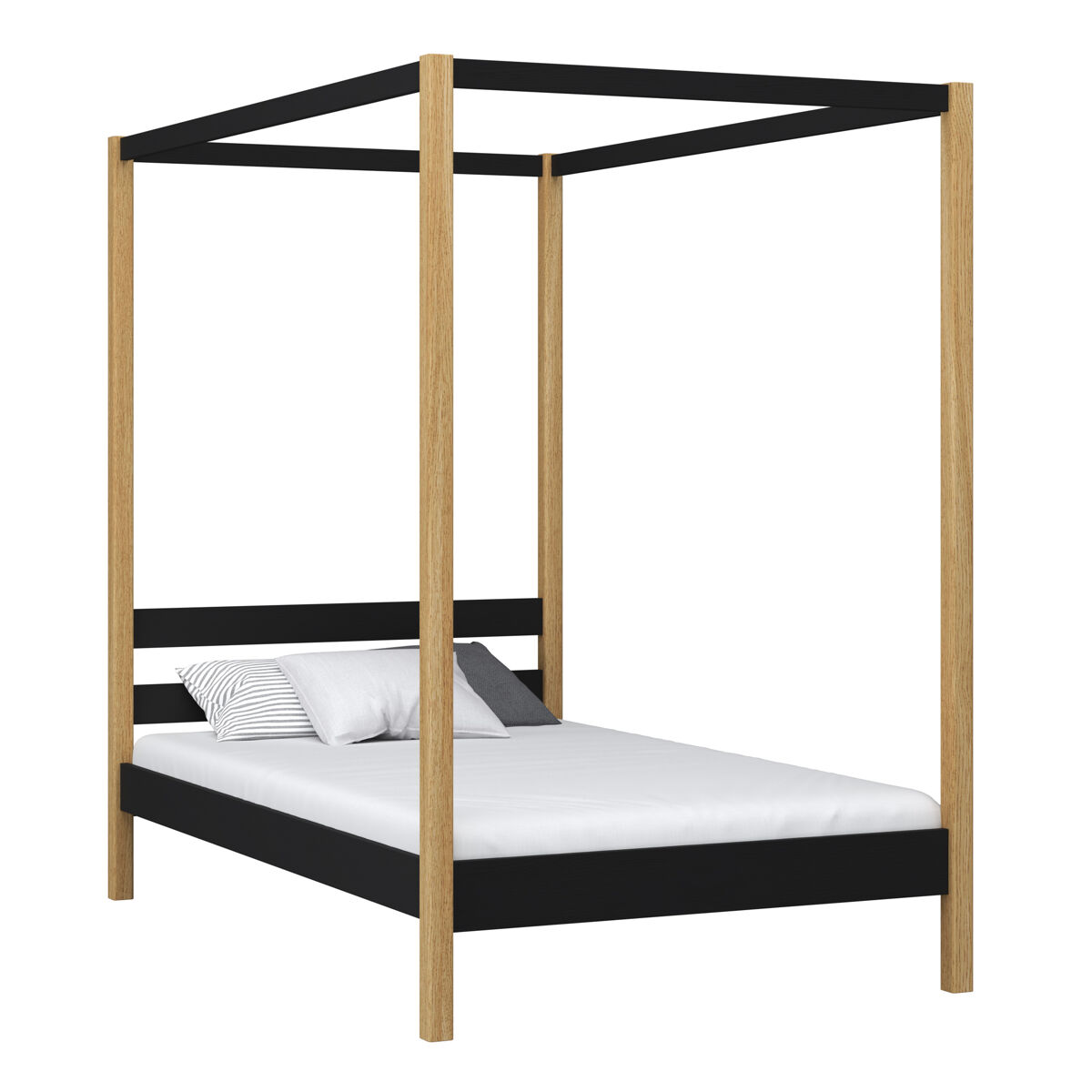 Cama individual de madeira com dossel n01 preto e carvalho