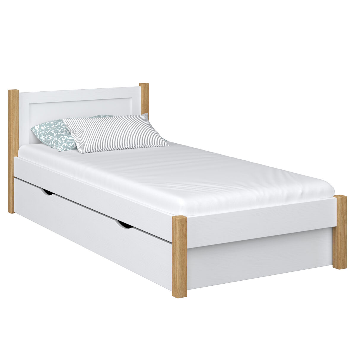 Cama individual de madeira com gaveta n02 branco e carvalho