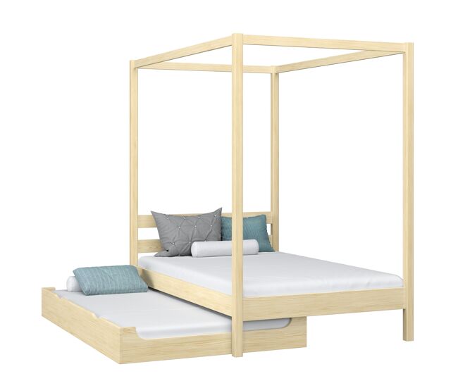 Cama individual de madeira com dossel e gaveta para colchão extra n01 pinho incolor