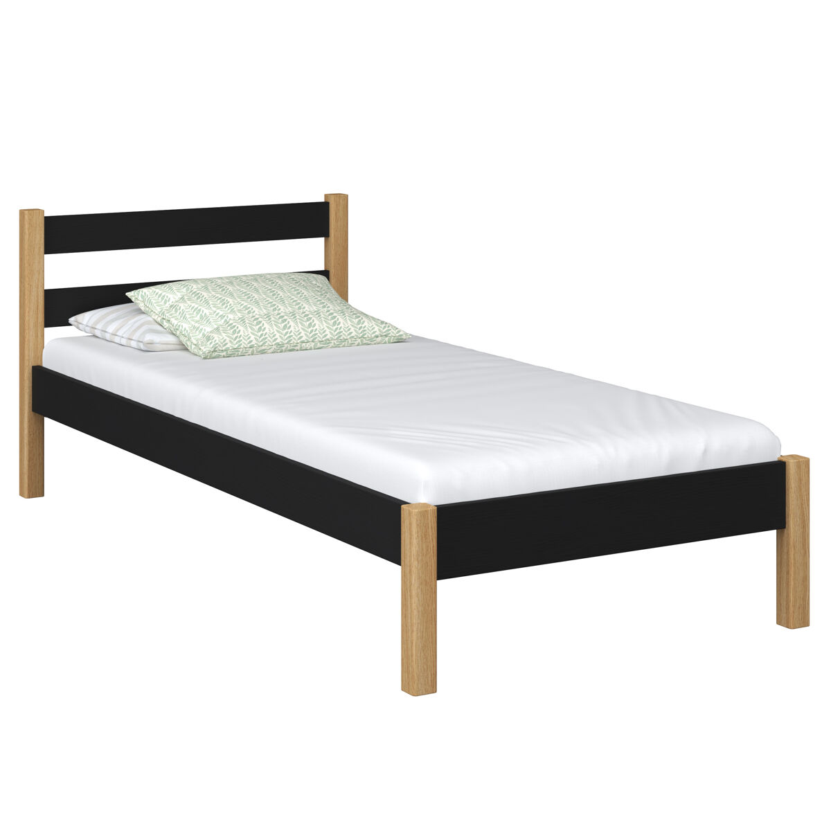 Cama individual de madeira n01 preto e carvalho