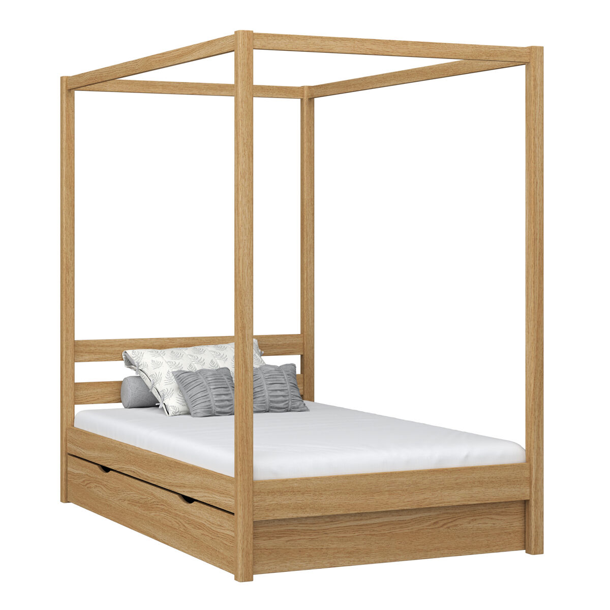 Cama individual de carvalho com dossel e gaveta n01 carvalho natural