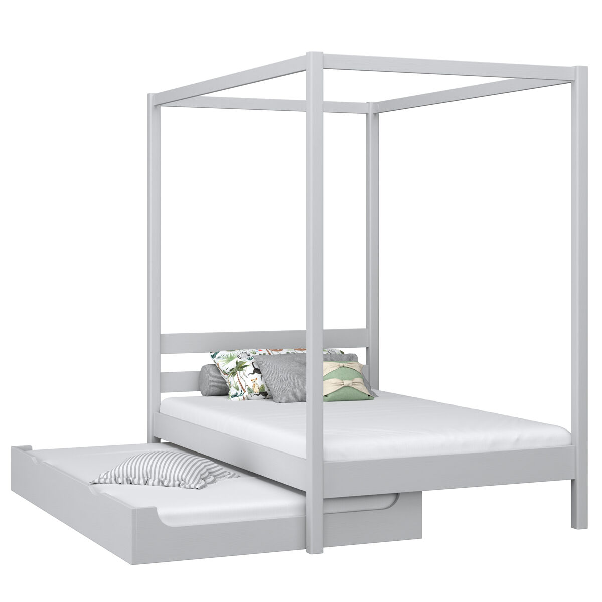 Cama individual de madeira com dossel e gaveta para colchão extra n01 cinza