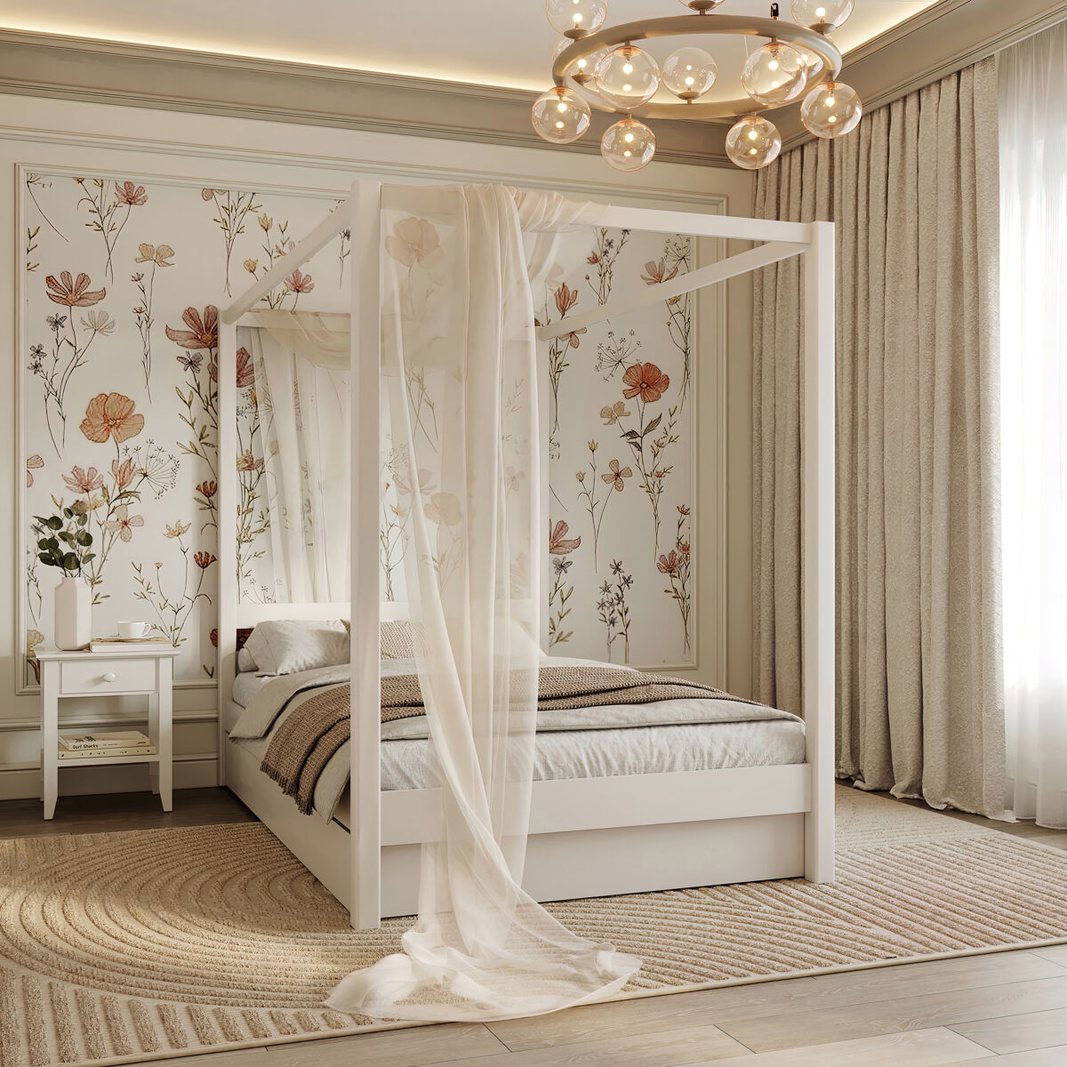 Cama individual de madeira com dossel e gaveta n01 branco