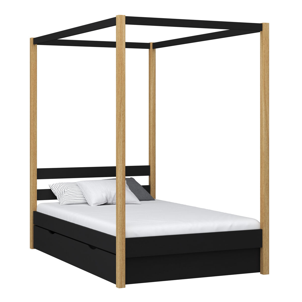 Cama individual de madeira com dossel e gaveta n01 preto e carvalho