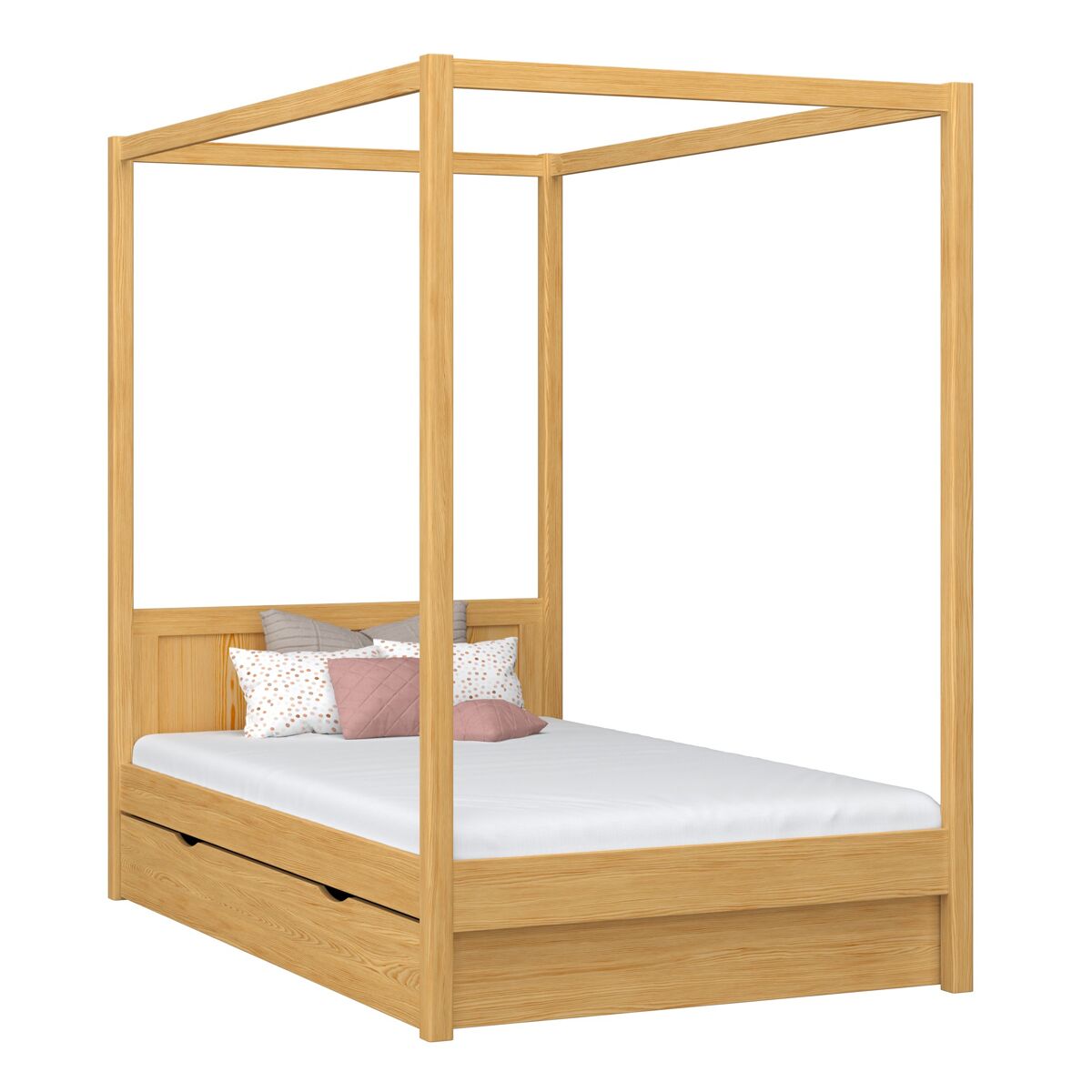 Cama individual de madeira com dossel e gaveta n02 pinho natural