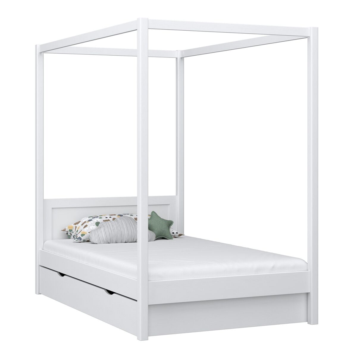 Cama individual de madeira com dossel e gaveta n02 branco
