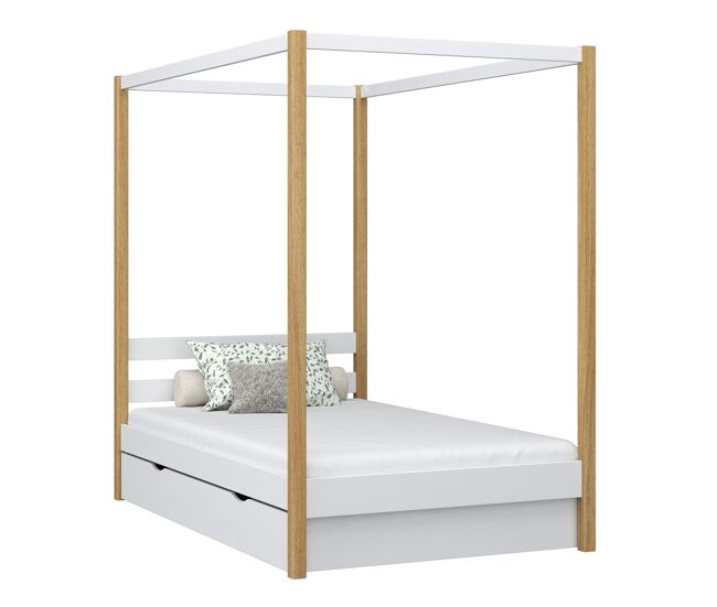 Cama individual de madeira com dossel e gaveta n01 branco e carvalho