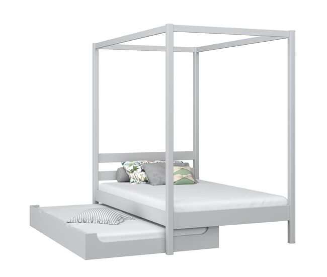 Cama individual de madeira com dossel e gaveta para colchão extra n01 cinza