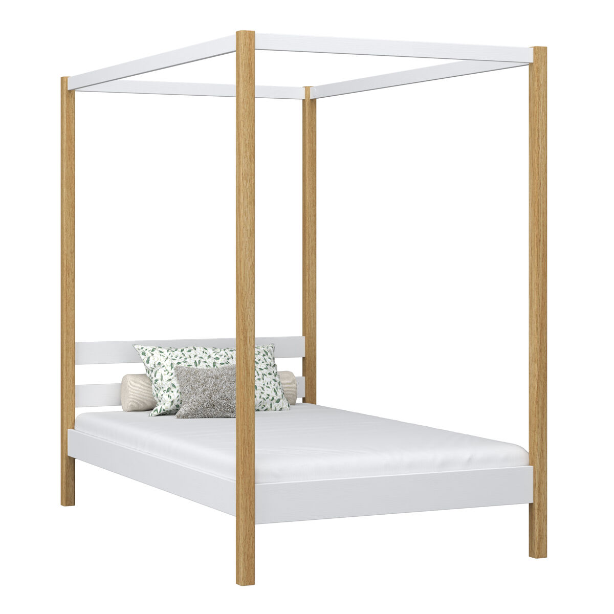 Cama individual de madeira com dossel n01 branco e carvalho