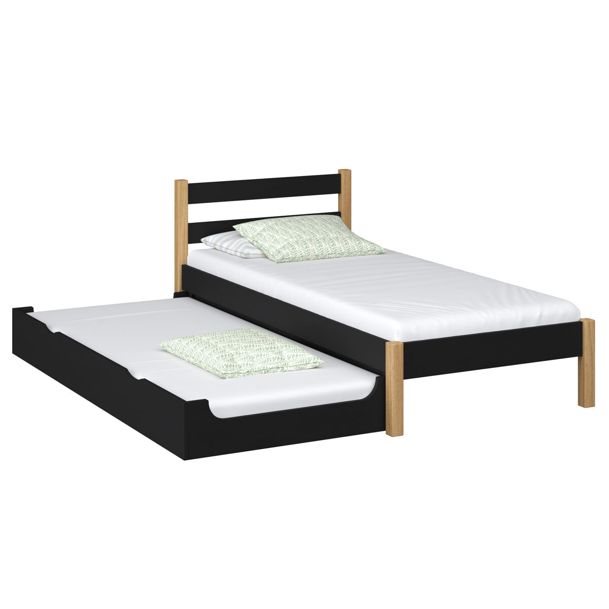 Cama individual de madeira com gaveta para colchão n01 preto e carvalho