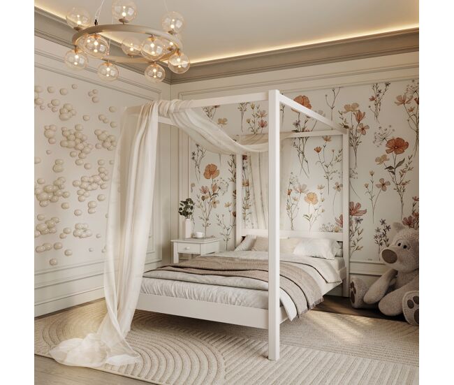 Cama individual de madeira com dossel n01 branco