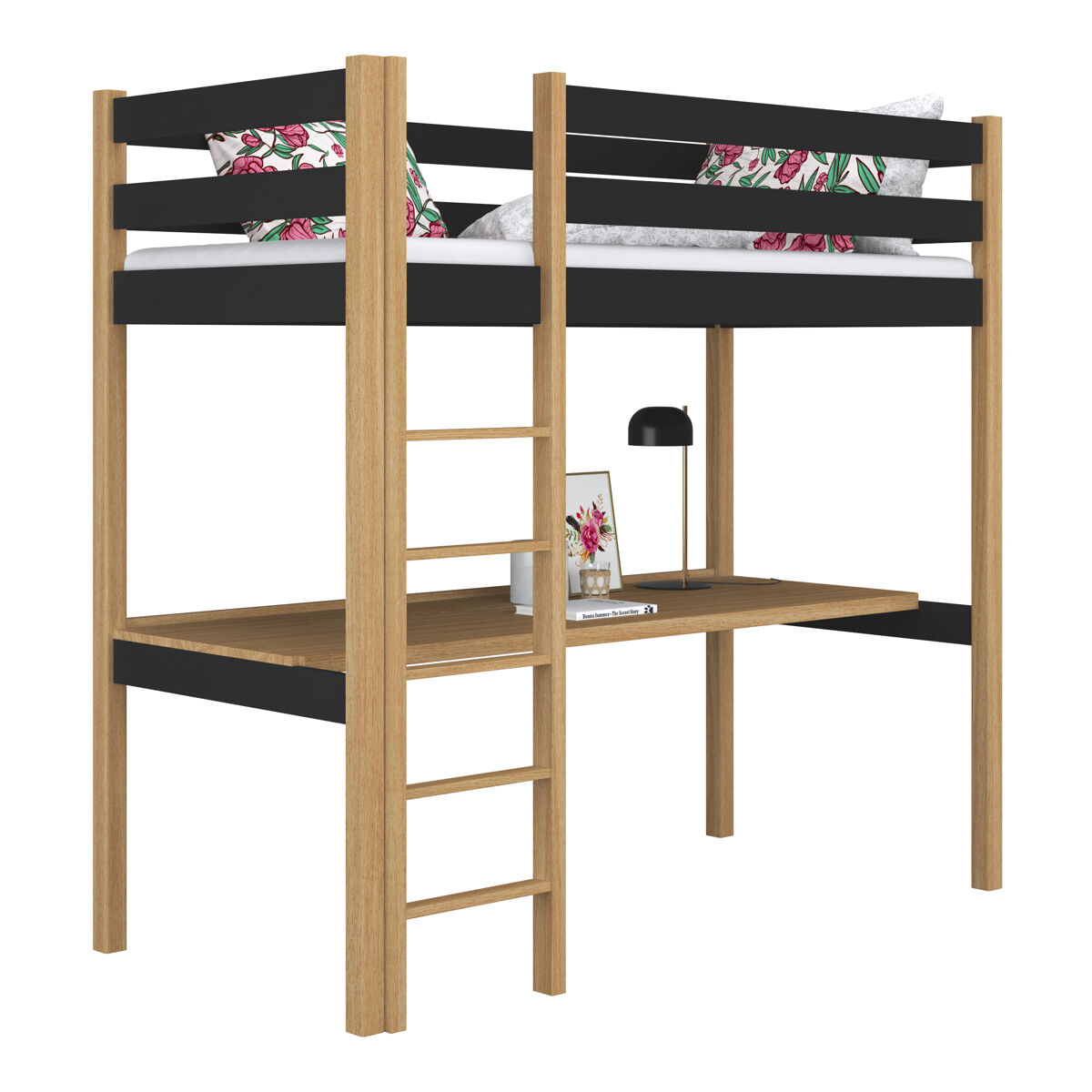 Cama alta de madeira com secretária n05 preto e carvalho