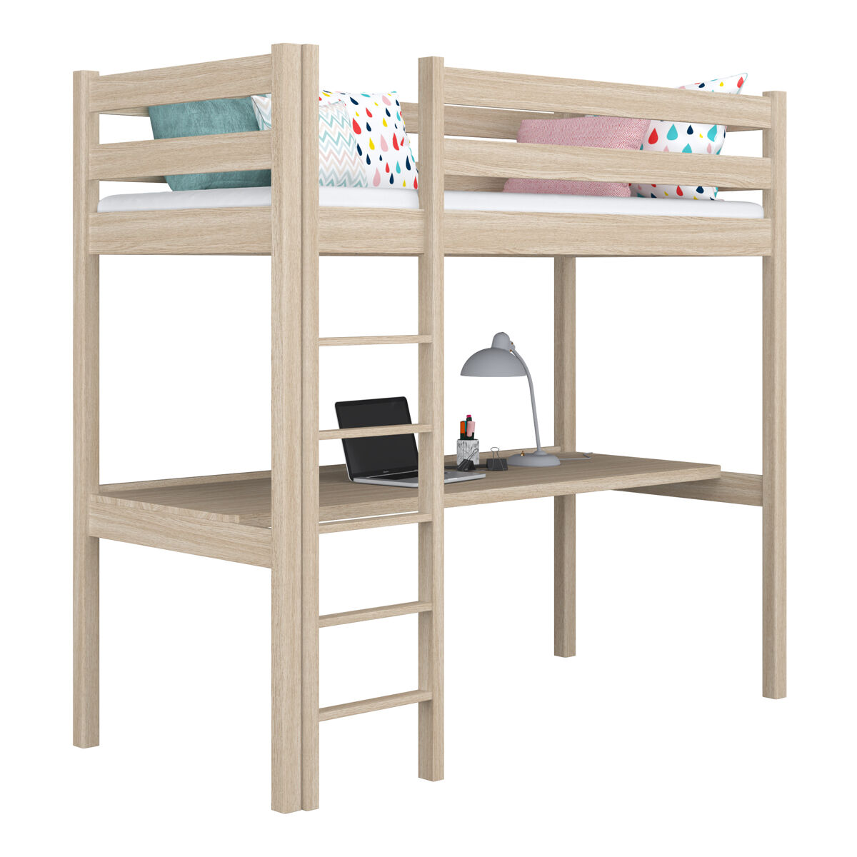 Cama mezzanine de carvalho com secretária n05 carvalho branqueado
