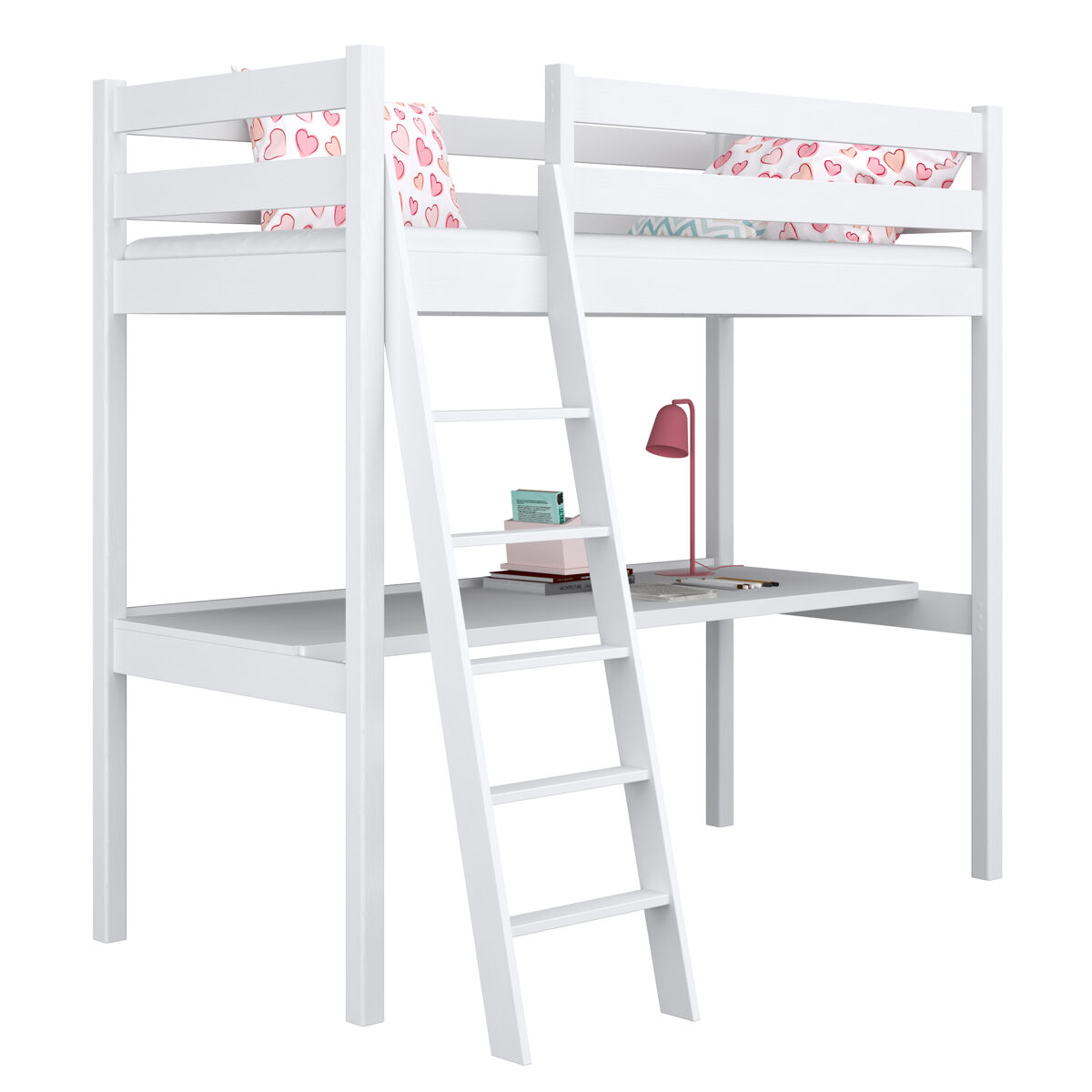 Cama alta de madeira com secretária n03 branco