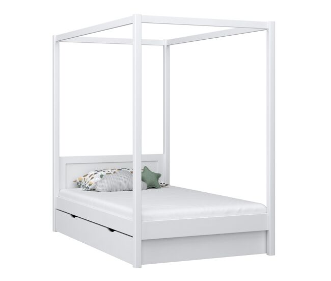 Cama individual de madeira com dossel e gaveta n02 branco