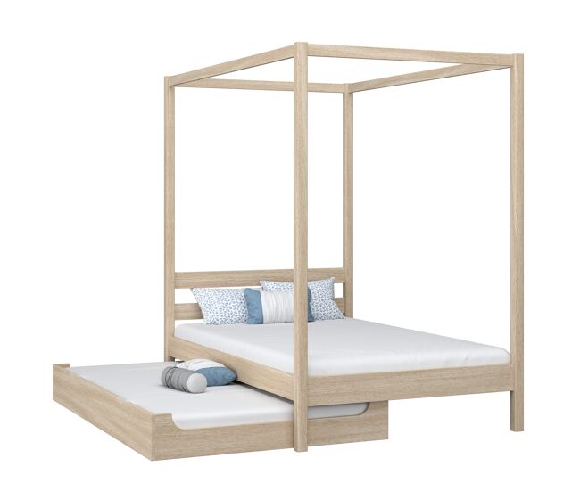 Cama individual de carvalho com dossel e gaveta para colchão adicional n01 carvalho branqueado