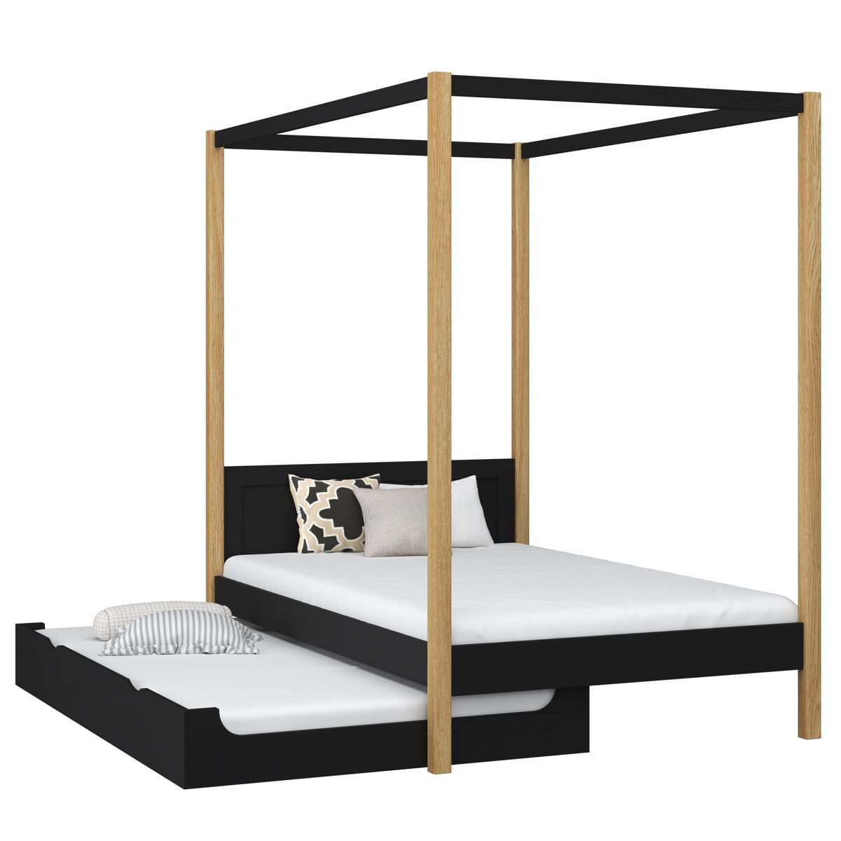 Cama individual de madeira com dossel e gaveta para colchão extra n02 preto e carvalho