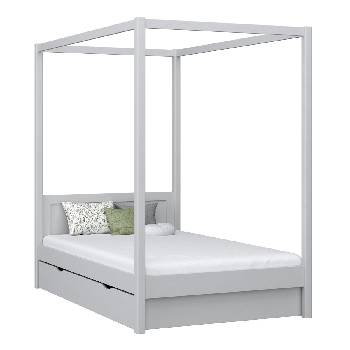 Cama individual de madeira com dossel e gaveta n02 cinza