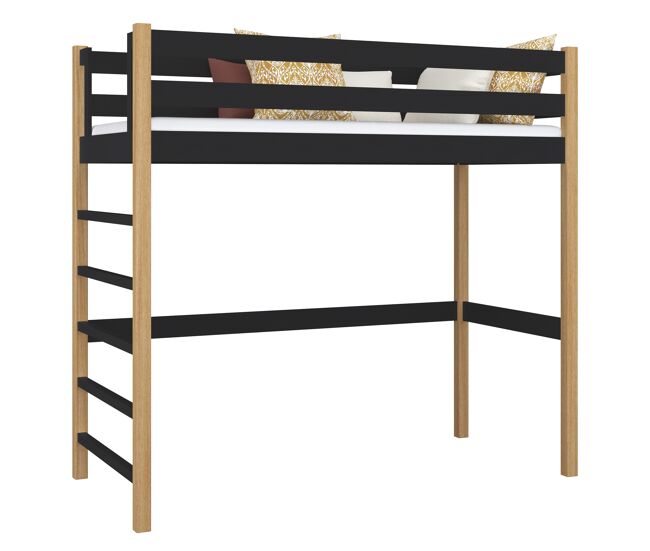 Cama alta de madeira n01 preto e carvalho
