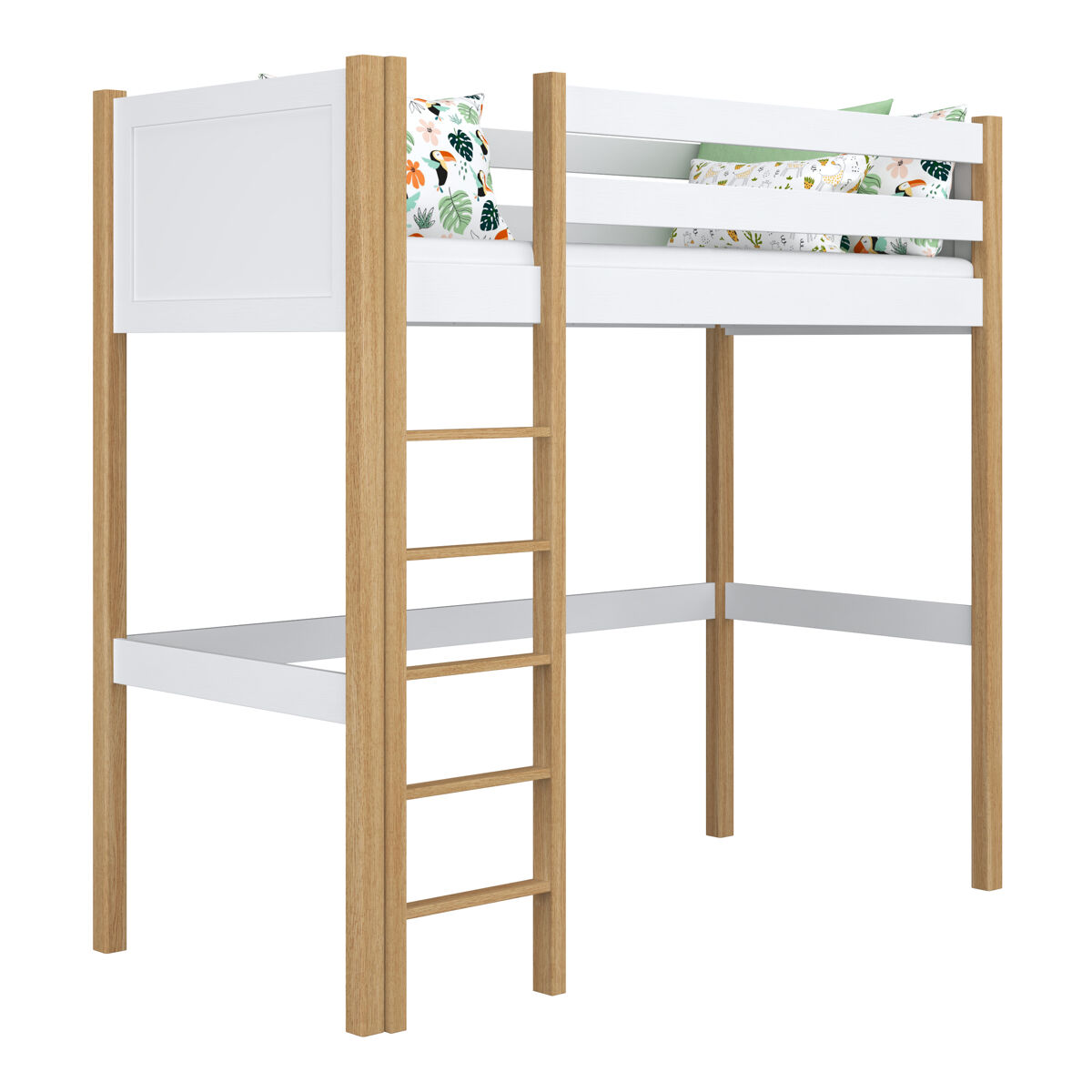 Cama alta de madeira n06 branco e carvalho